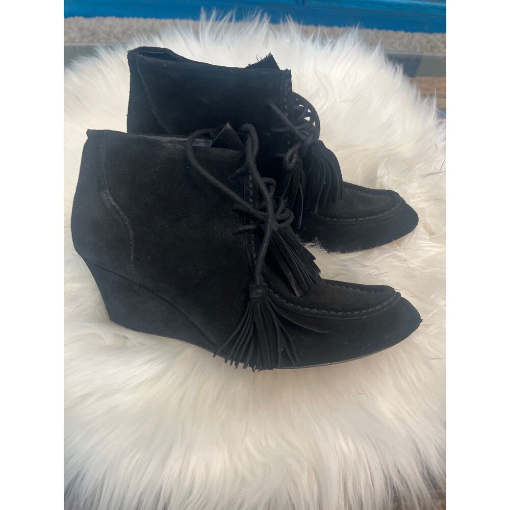 Rebecca Minkoff black suede leather tassel ankle booties with a wedge heel. 7.5